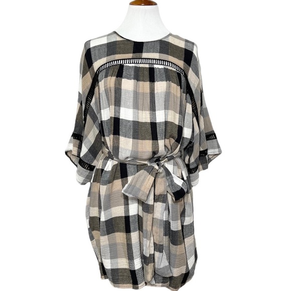 Anthropologie Black Cream Plaid Check Draped Tie Waist Belted Kimono ShirtDress - Picture 2 of 16